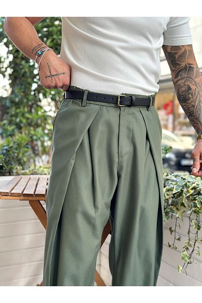 manch collection Pantaloni largi din țesătură cu pliuri încrucișate, verzi