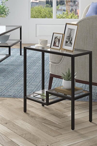 TOLIAHOME Siyah Renk Temper Camlı Yan Sehpa Metal İskeletli Komodin