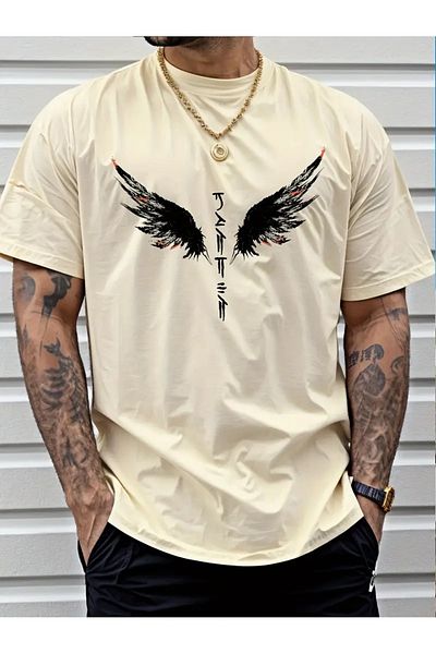 MODARİCH Angel Wings T-Shirt - Beige Printed Oversize Crew Neck Short Sleeve Loose