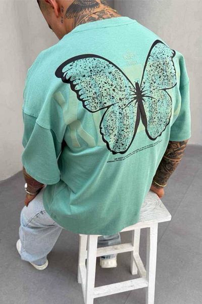 MADZEYMODA Ανδρικό μπλουζάκι Oversize Fit 100% βαμβακερό με λαιμόκοψη με πεταλούδα με στάμπα νερού Mz3007