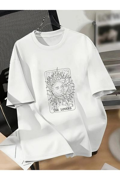 MODARİCH The Lovers T-Shirt - White Printed Oversize Crew Neck Short Sleeve Loose