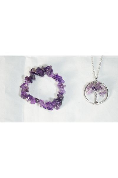 Efulim Hediyelik Real Amethyst Stone Necklace & Bracelet Set, Tree of Life Design, Healing and Energy Jewelry-Special Series