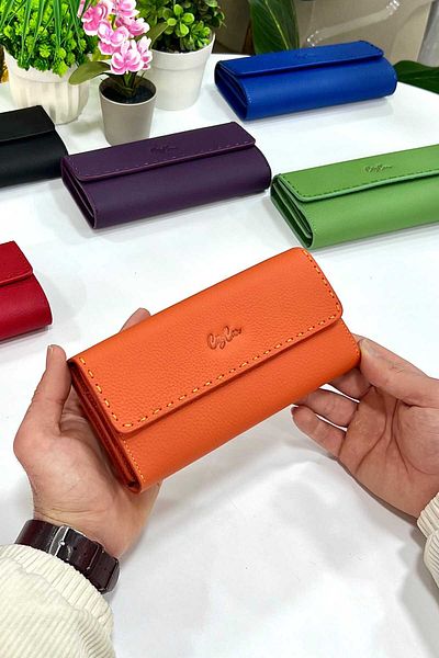 CüzCan Hilton Orange Genuine Leather Women's Wallet with Knitted Detail