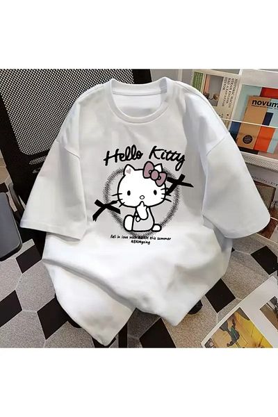 MODARİCH Kitty Graphic T-Shirt - White Printed Oversize Crew Neck Short Sleeve Loose