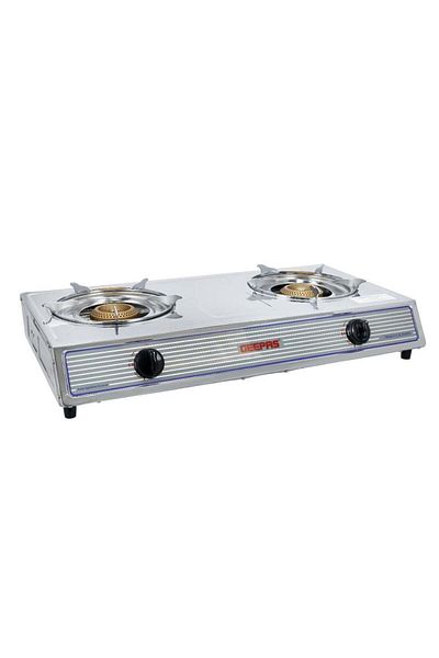 Geepas Double Burner Stainless Steel Gas Stove with Automatic Ignition System GK5605 Silver/Orange