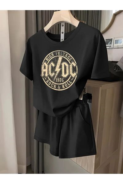 MODARİCH تي شيرت ACDC Rock & Roll شورت قطني ممشط - شورت أسود تي شيرت بدلة مطبوعة برقبة دائرية كبيرة الحجم
