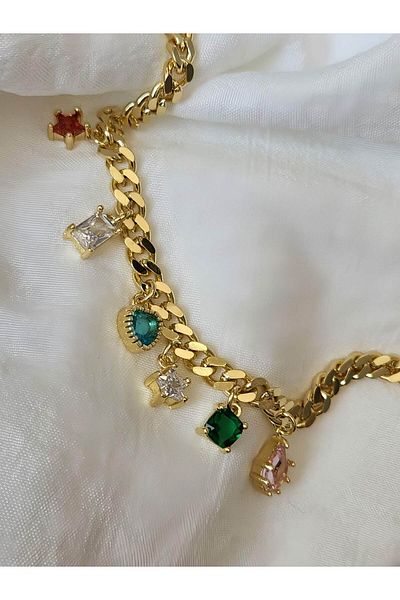 Eva Takı Store Gourmet Model Gold Color Steel Bracelet with Colorful Baguette Figure