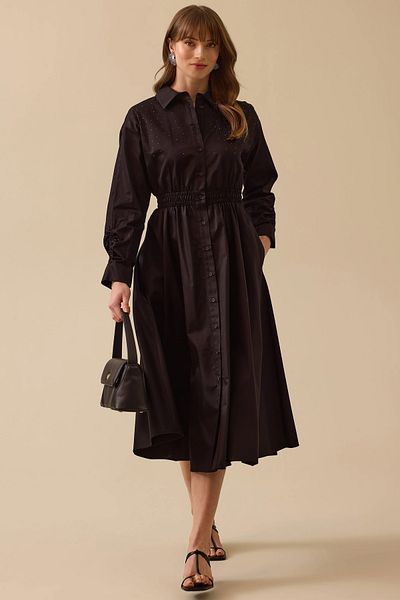 SEÇİL Women's Stone Detailed Elastic Waist Buttoned Dress - Black