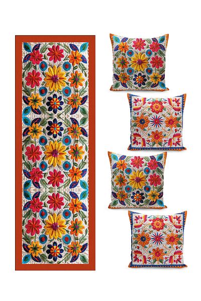 Filamente Filament Special Design Quadruple Cushion Case and Runer Set - Embroidery Look
