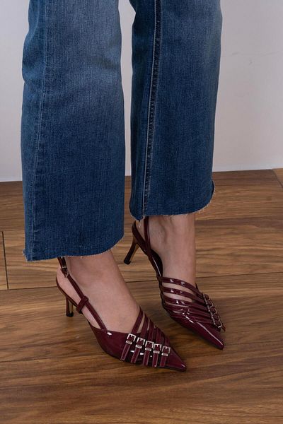 sovrana 5 Belt Detailed Heeled Shoes Burgundy Patent Leather