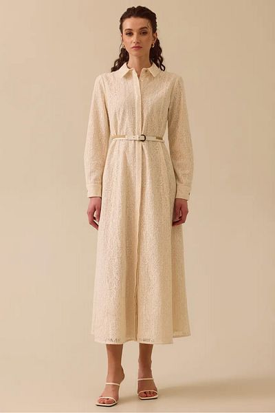 SEÇİL Women's Belted Patterned Lace Detailed Dress - Beige