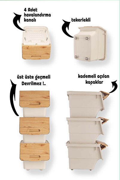 ego home Bambu Renk Tekerlekli Patateslik Soğanlık Oyuncak Kutusu Patates Ve Soğan Sepeti Mote 12 Lt(1 ADET)