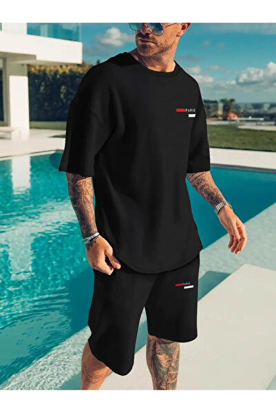MODARİCH Паризька смугаста футболка з зачесаними шортами - Чорні шорти Футболка з принтом Оверсайз Екіпаж Горловина