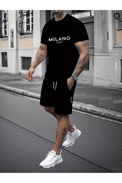 MODARİCH Тениска Milano Italy от пениран памук - Черни шорти Тениска с отборен щампа Оувърсайз кръгло деколте