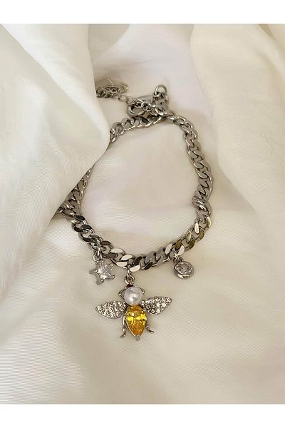Eva Takı Store Gourmet Model Silver Color Steel Bracelet with Bee Pearl Star Figure