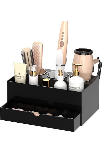 Generic Hair Tool Organizer, Black Acrylic Hair Dryer & Styling Organizer With Drawer, Vanity Storage