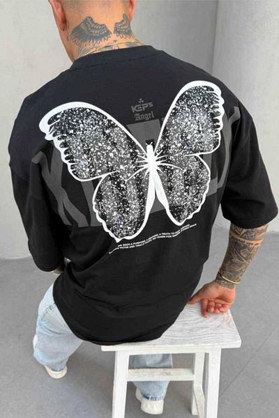 MADZEYMODA Ανδρικό μπλουζάκι Oversize Fit 100% Cotton Crew Neck με στάμπα με πεταλούδα μαύρο T-shirt Mz3007