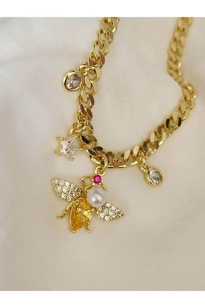 Eva Takı Store Gourmet Model Gold Color Steel Bracelet with Bee Pearl Star Figure