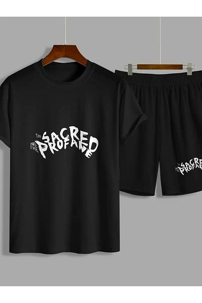 MODARİCH Тениска Sacred от пениран памук - Черни шорти Тениска с отборен щампа Оувърсайз кръгло деколте