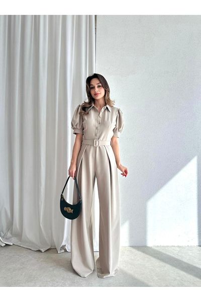 Afiş Butik Mink Belted Pleated Buttoned Jumpsuit