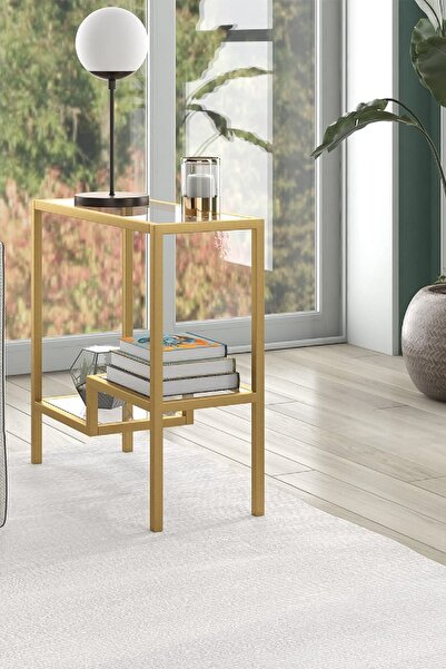 TOLIAHOME Gold Renk Temper Camlı Yan Sehpa Metal İskeletli Komodin