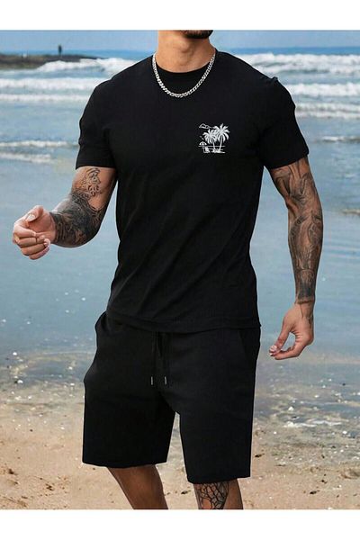 MODARİCH تي شيرت Malibu Vibe شورت من القطن الممشط - شورت أسود تي شيرت بدلة مطبوعة برقبة دائرية كبيرة الحجم