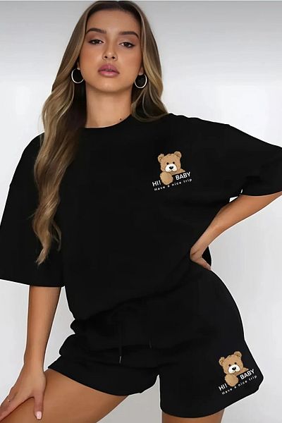 MODARİCH تي شيرت Hi Bear Teddy Bear شورت قطني ممشط - شورت أسود تي شيرت بدلة مطبوعة برقبة دائرية كبيرة الحجم