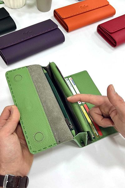 CüzCan Hilton Mint Green Genuine Leather Women's Wallet with Knitted Detail