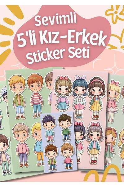 alışveriş kurdu Cute Girl Boy 5'Li Sticker Set - Planner Agenda Scrapbook Bullet Journal Sticker Label Set