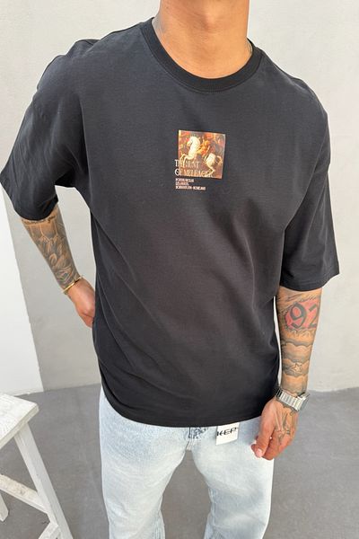 MADZEYMODA Ανδρικό μπλουζάκι Oversize Fit 100% βαμβακερό με λαιμόκοψη μαύρο μπλουζάκι Mz3021