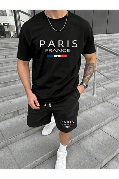 MODARİCH Тениска Paris France от пениран памук - Черни шорти Тениска с отборен щампа Оувърсайз кръгло деколте