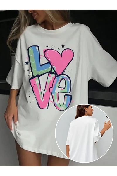 MODARİCH Love Heart T-Shirt - White Printed Oversize Crew Neck Short Sleeve Loose