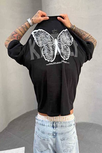 MADZEYMODA Ανδρικό μπλουζάκι Oversize Fit 100% Cotton Crew Neck με στάμπα με πεταλούδα μαύρο T-shirt Mz3007