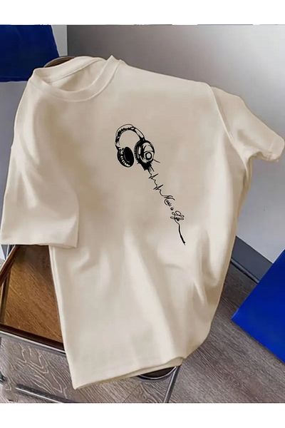 MODARİCH Headphone Design T-Shirt - Beige Printed Oversize Crew Neck Short Sleeve Loose
