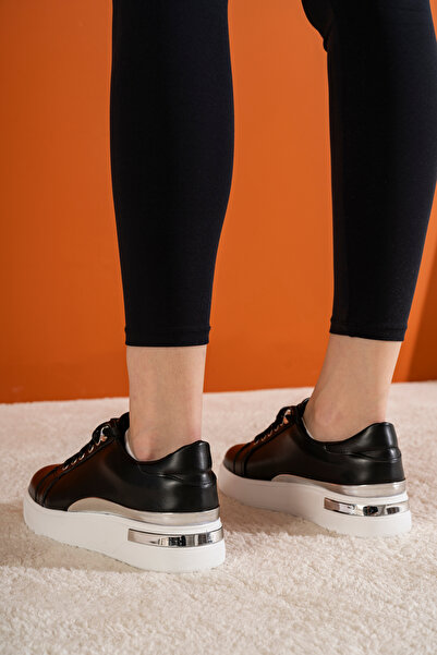 Mulini Yüksek Tabanlı Çift Gri Kemerli Bağcıklı Siyah Rahat Kadın Sneaker