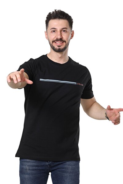 MODA Minimalist Written Stripe Detailed Black Men's Crew Neck T-Shirt
