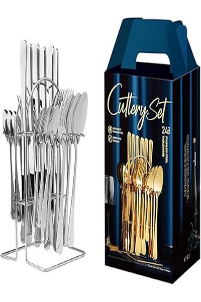 Lotus rose 24 pcs Silver tableware with stand, stainless steel , mirror polished,washed in the dishwasher