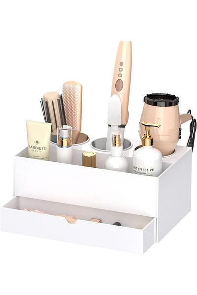Generic Hair Tool Organizer, White Acrylic Hair Dryer & Styling Organizer With Drawer, Vanity Storage