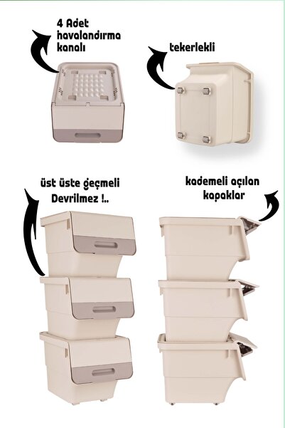 ego home 2li Tekerlekli Patateslik Soğanlık Oyuncak Kutusu Sebzelik Patates Soğan Sepeti Mote Krem 24 Lt
