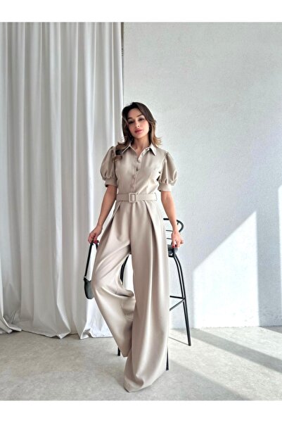 Afiş Butik Mink Belted Pleated Buttoned Jumpsuit