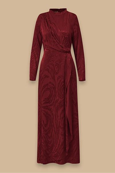 SEÇİL Women's Shiny Textured Patterned Maxi Dress - Burgundy