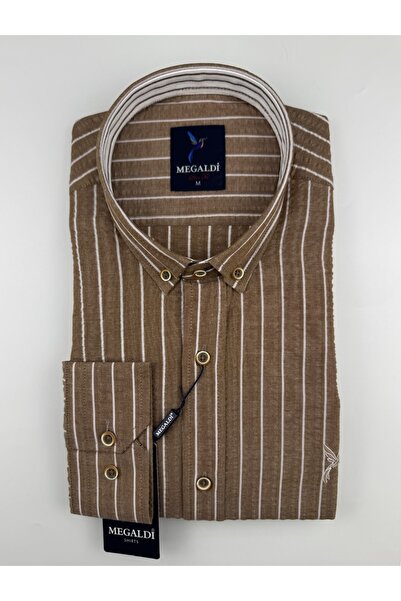MEGALDİ Erkek Slim Fit Kesim Taba Likralı Gofre Desenli Çizgili Uzun Kollu Gö...