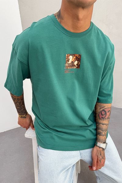 MADZEYMODA Ανδρικό μπλουζάκι Oversize Fit 100% βαμβακερό με λαιμόκοψη με στάμπα πράσινο Mz3021