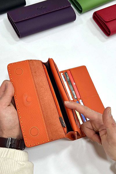 CüzCan Hilton Orange Genuine Leather Women's Wallet with Knitted Detail