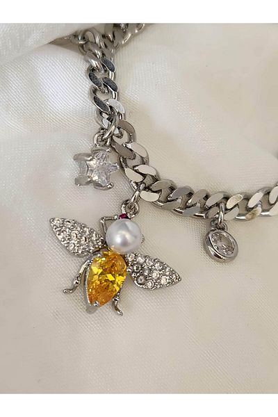 Eva Takı Store Gourmet Model Silver Color Steel Bracelet with Bee Pearl Star Figure