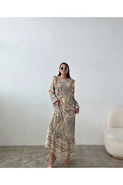 Swan Woman Φόρεμα σιφόν με βολάν με λεπτομέρεια με μοτίβο ζουμερό στη φούστα