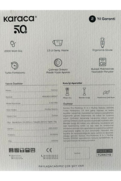 Karaca Turbo Fonksiyon-çift Taraflı Paslanmaz Çelik Bıçak 1,5l 2000w Mutfak Robotu