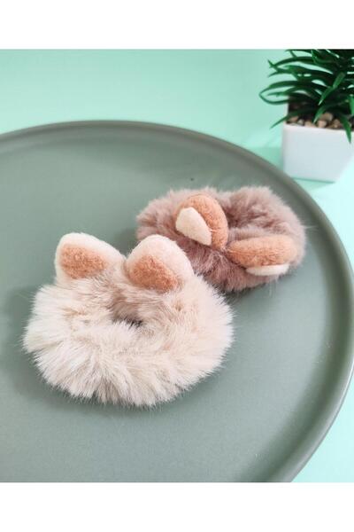 REBORN DESIGN Kedi Kulağı Figürlü Vizon Renk Tüylü Peluş Lastik Toka