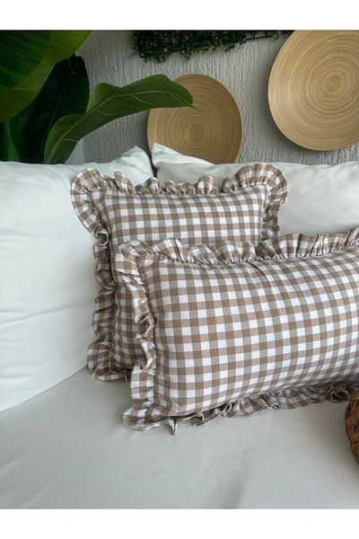 Decamor home Vintage βολάν Gingham λινό μπεζ κάλυμμα μαξιλαριού τετράγωνο Bohemian ριχτάρι μαξιλαροθήκη 1 τεμ.