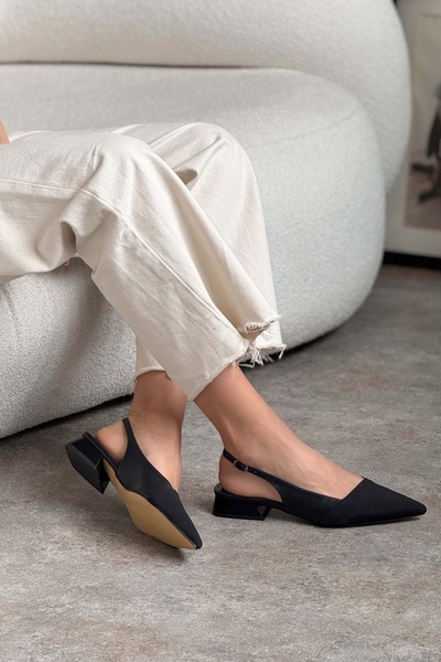 NİŞANTAŞI SHOES Viktor Black Matte přední černý saténový kotníkový pásek Detailní špičatá špička dámské baleríny na krátkém podpatku